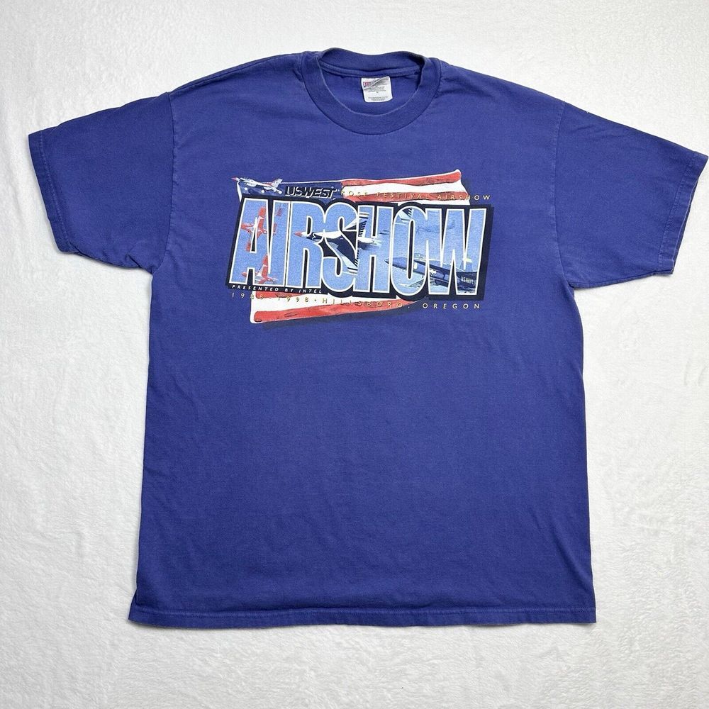 Airshow Shirt‎ Mens XL Blue Graphic Hanes Beefy T Vintage 1998 90s Oregon USA